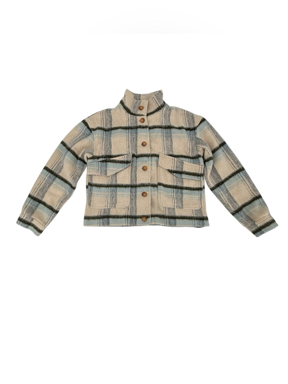 BAGATELLE Blue Cream Plaid Button-Front Shacket Jacket Size Small Women’s